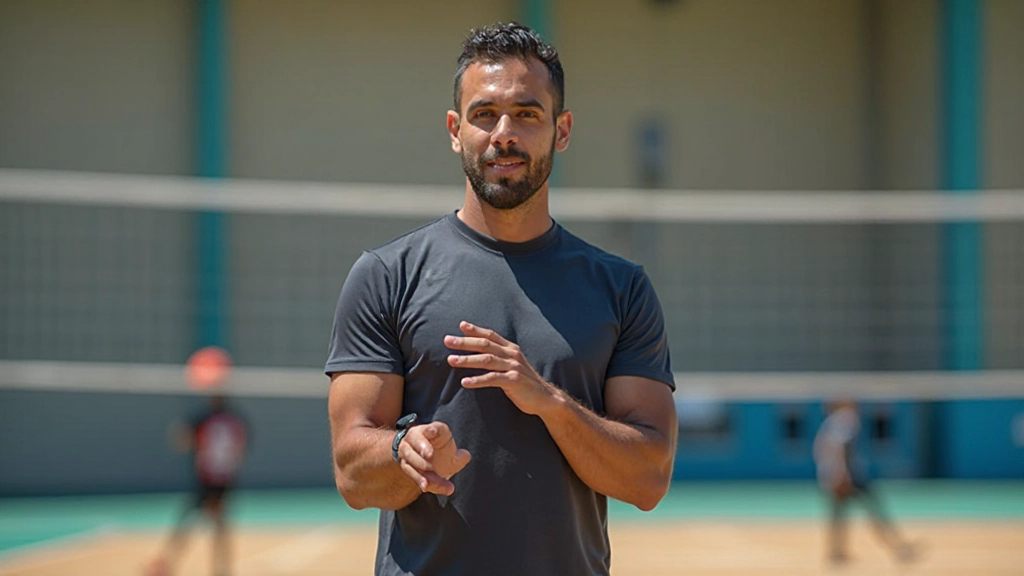مدرب كرة طائرة يوضح حركة الاستقبال الصحيحة لمجموعة من لاعبي الشباب