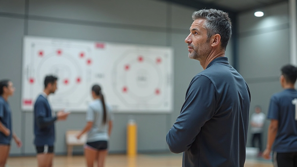 مدرب كرة طائرة يشرح تكتيكات دفاعية لفريق شباب على لوح استراتيجي