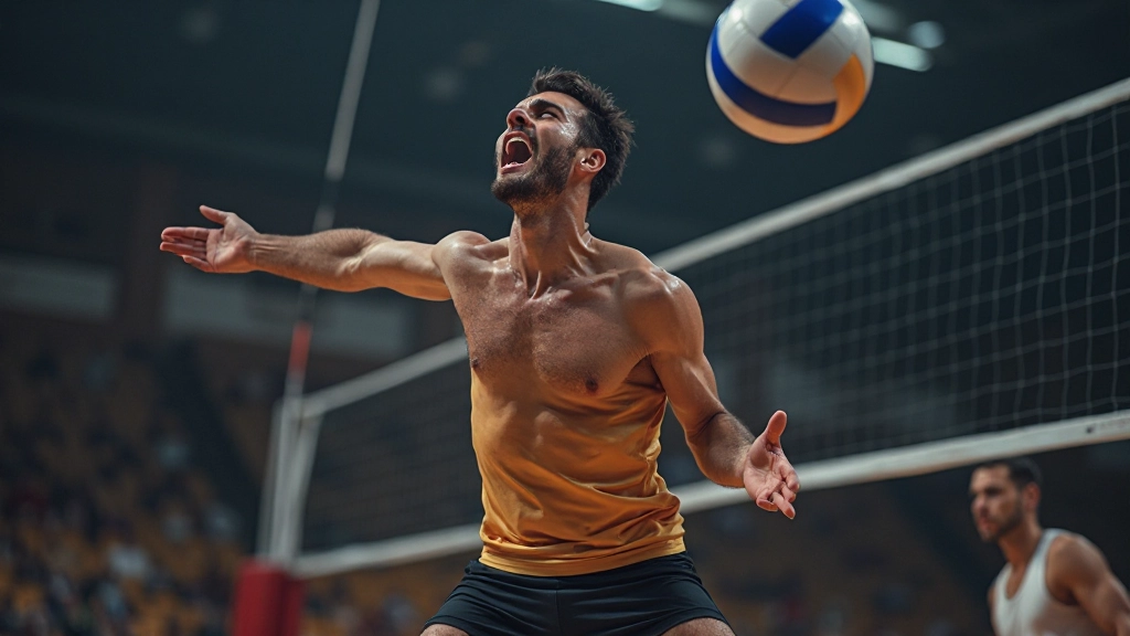 لاعب كرة طائرة يقوم بضربة قوية من مواقع مختلفة على الملعب مع ظهور الشبكة والمدافعين في الخلفية