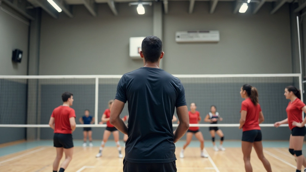 فريق كرة طائرة يقوم بتمرين تكتيكي منظم تحت إشراف المدرب الرئيسي